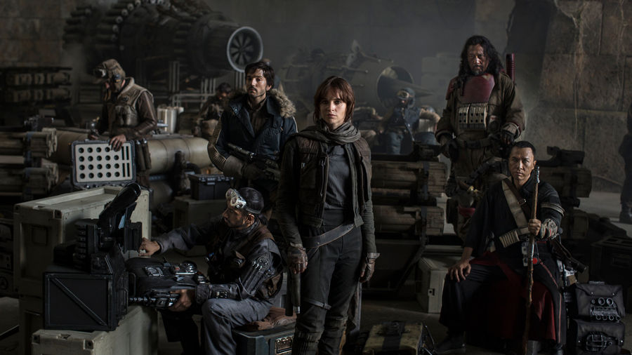 Star Wars: Rogue One L to R: Actors Riz Ahmed, Diego Luna, Felicity Jones, Jiang Wen and Donnie Yen Photo Credit: Jonathan Olley ©Lucasfilm 2016